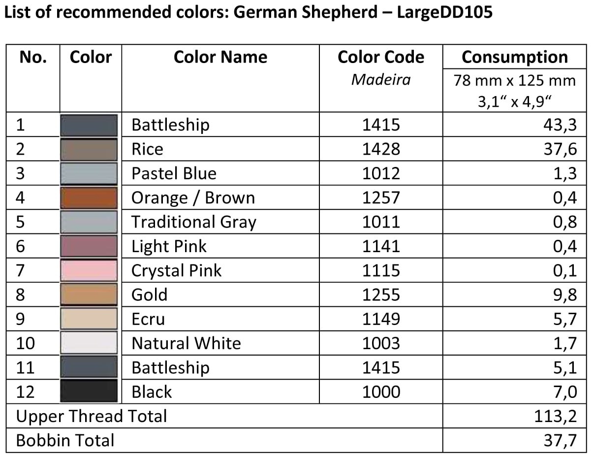 List of Recommended Colors - German Shepherd LargeDD105