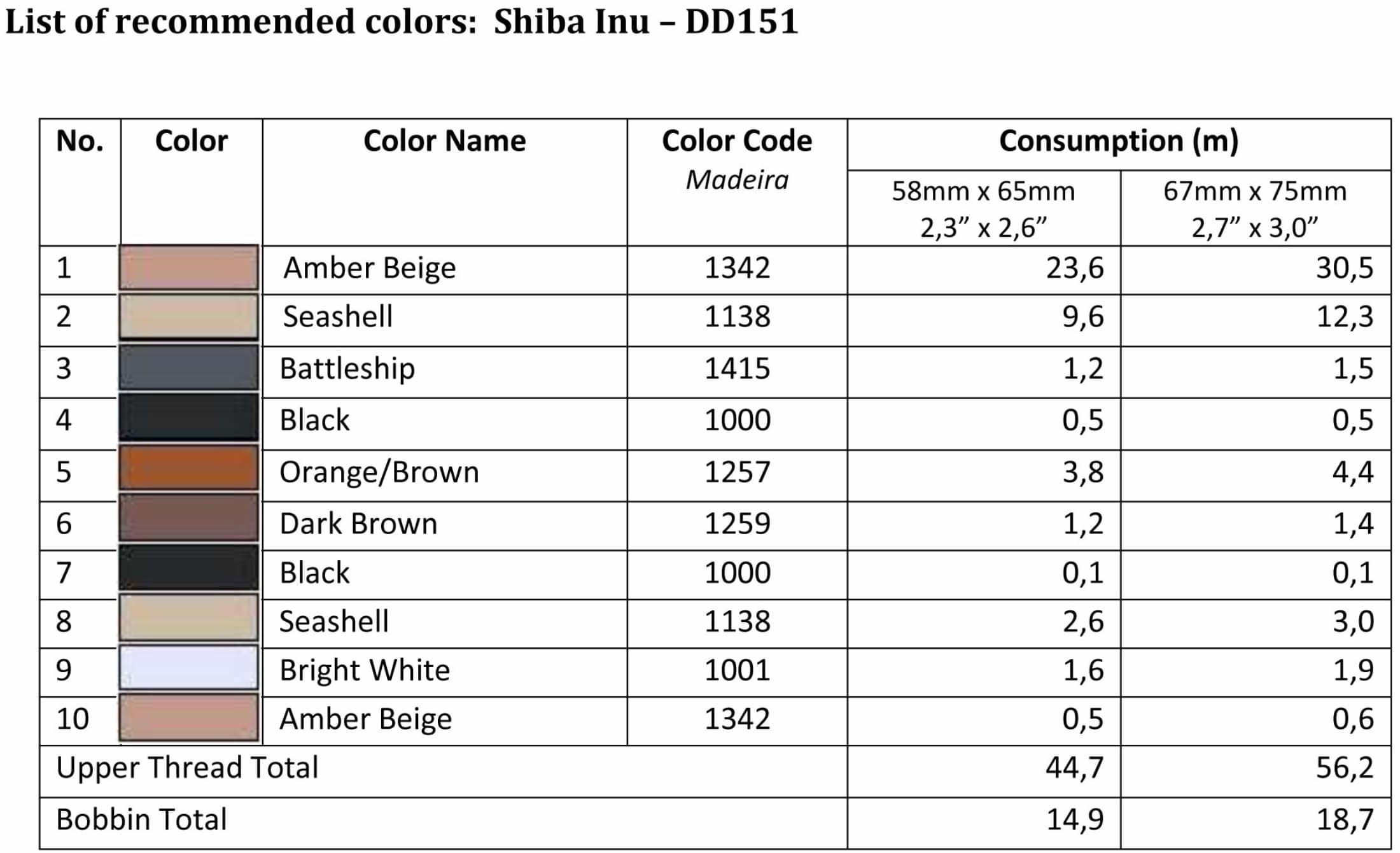 List of recommended colors - Shiba Inu - DD151