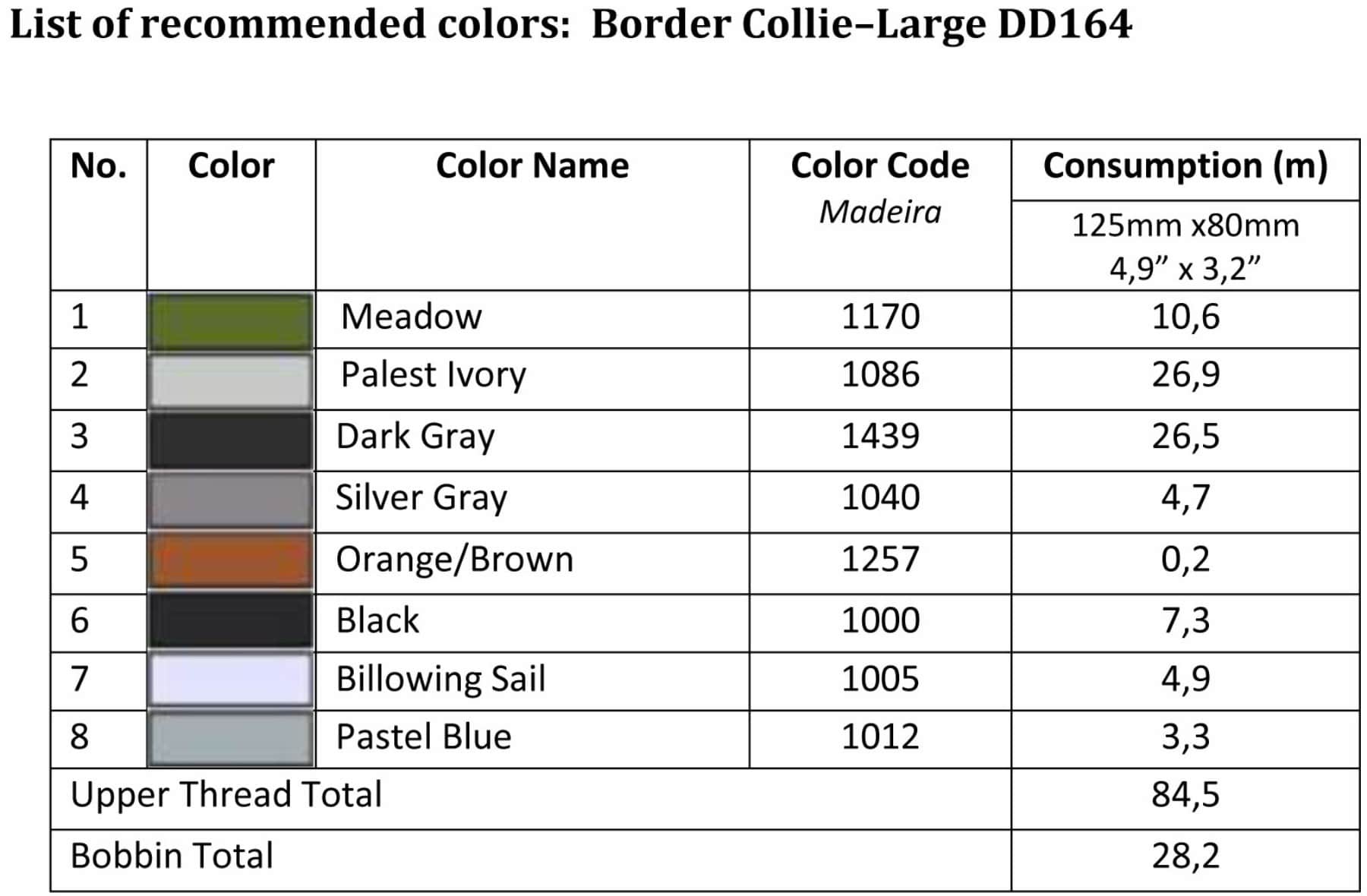 List of recommended colors - Large DD164