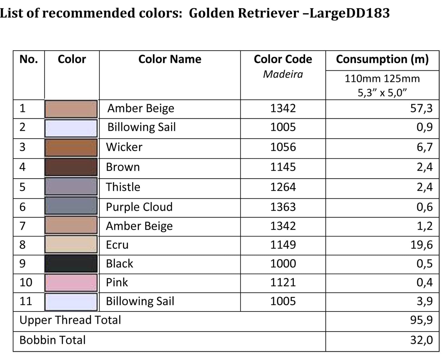 List of recommended colors - LargeDD183